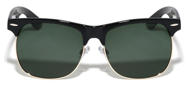 Polarized Browline Sunglasses Semi Rimless Dark Lens (Black/Gold/Green)
