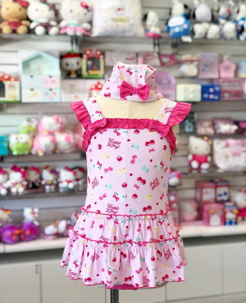 Hello Kitty Swim Dress With Cap Kid Size: Cherry Sanrio Original Swimdress